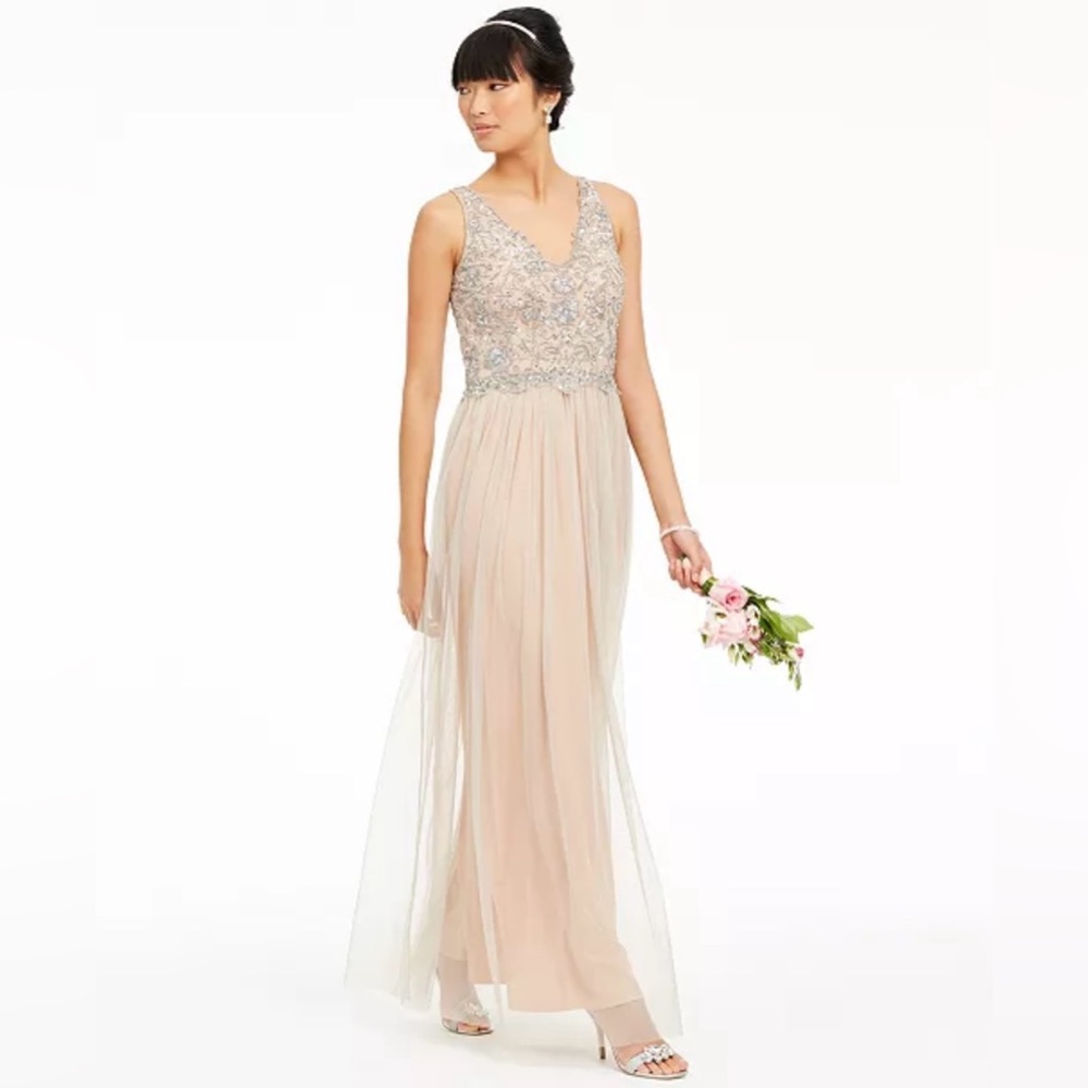 Limited Run Adrianna Papell V-neck Hand Beaded Mesh Gown sz 14 Champagne color